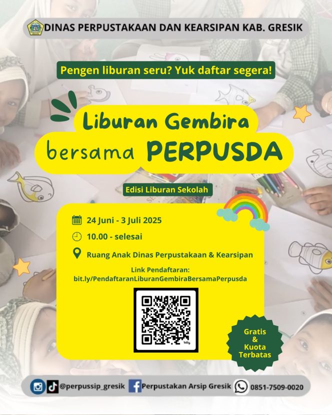 
					Disperpusip Kabupaten Gresik Ajak Anak-anak Isi Liburan Sekolah dengan Kegiatan Seru dan Menyenangkan