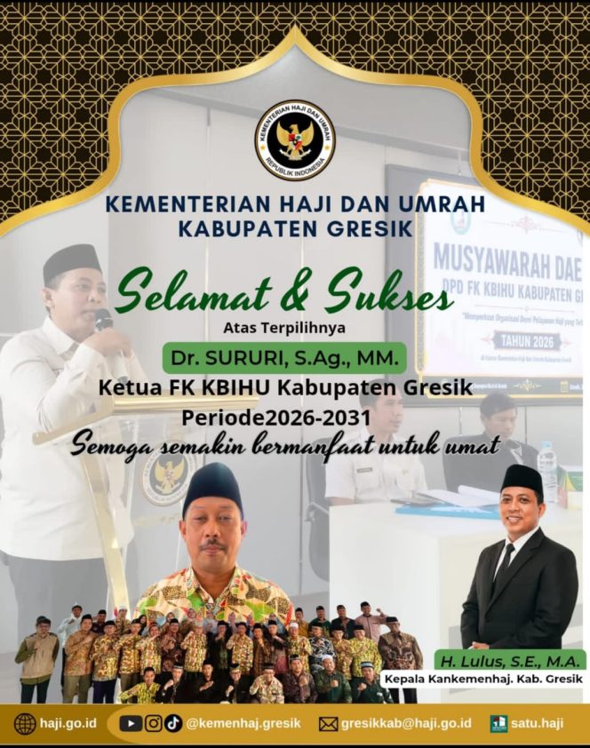 
					Kepala Kemenhaj Ucapkan Selamat Atas Terpilihnya Sururi sebagai Ketua DPD FK KBIHU Gresik 
